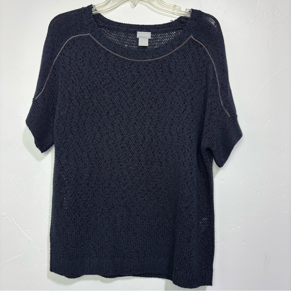 Chico's Navy Open-Knit Short Sleeve Sweater Size 1 Medium
